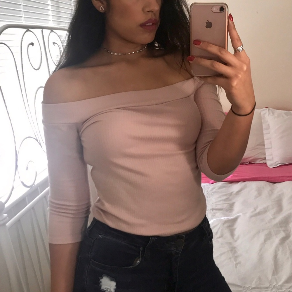 Off the shoulder blush pink top